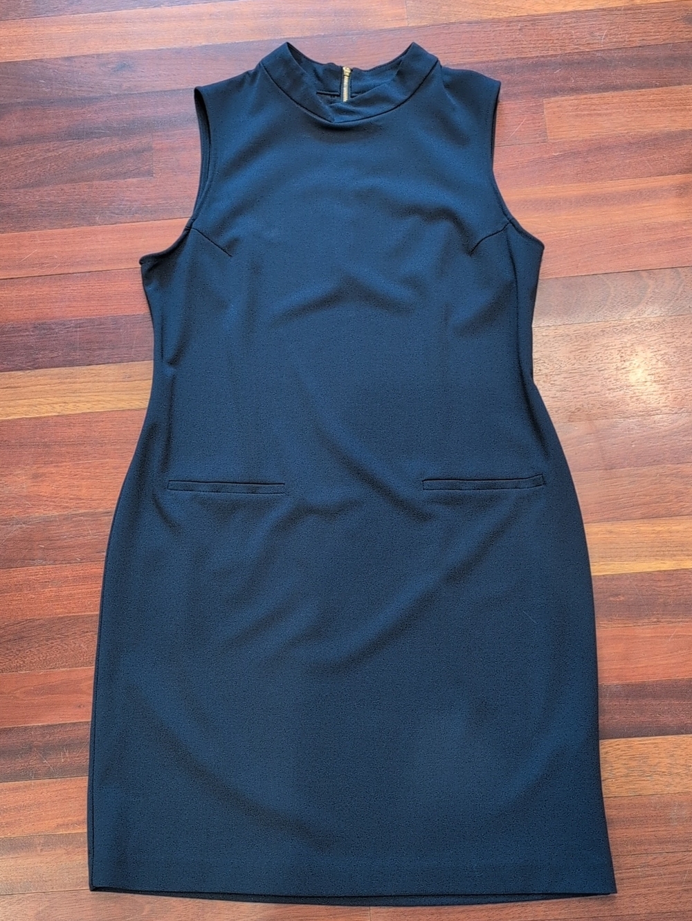 Sharagano Navy Blue Sleeveless Dress with High Neck And Zipper